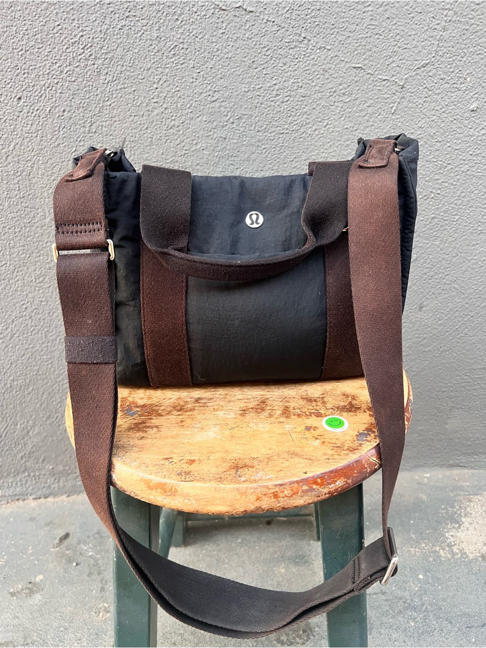 lululemon athletica Black Messenger Bag with Brown Strap